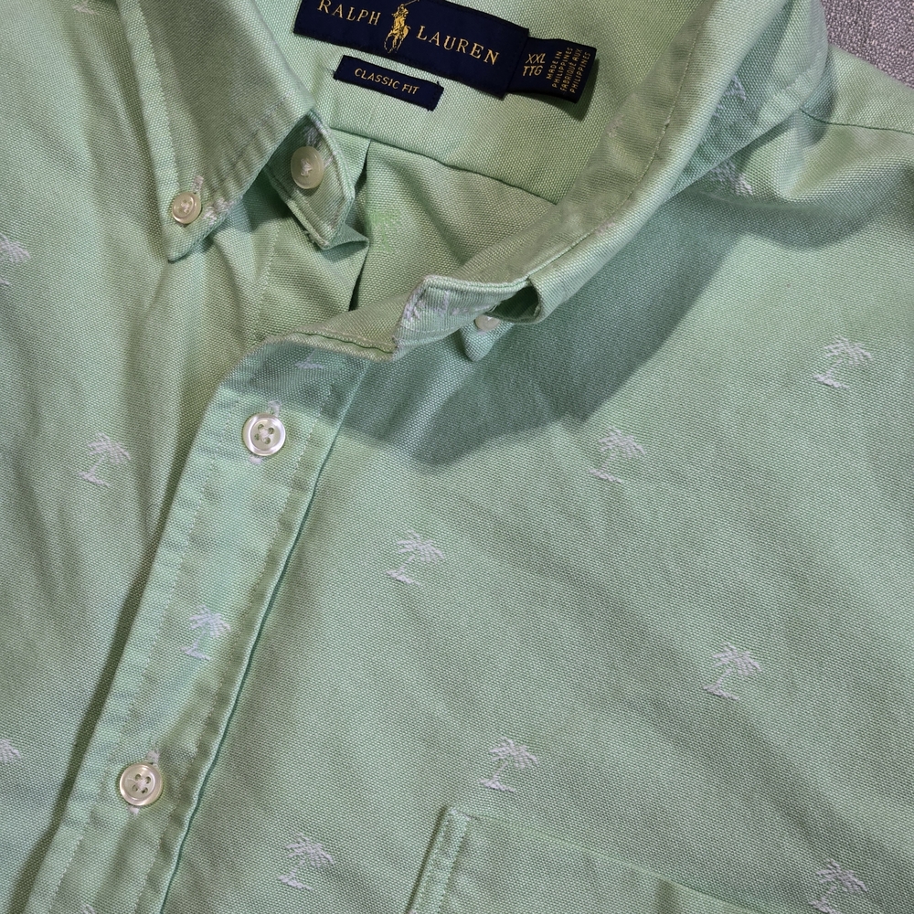 Ralph Lauren Men's XXL Green Palm Tree Embroidered Flesh Pony Classic Fit Shirt